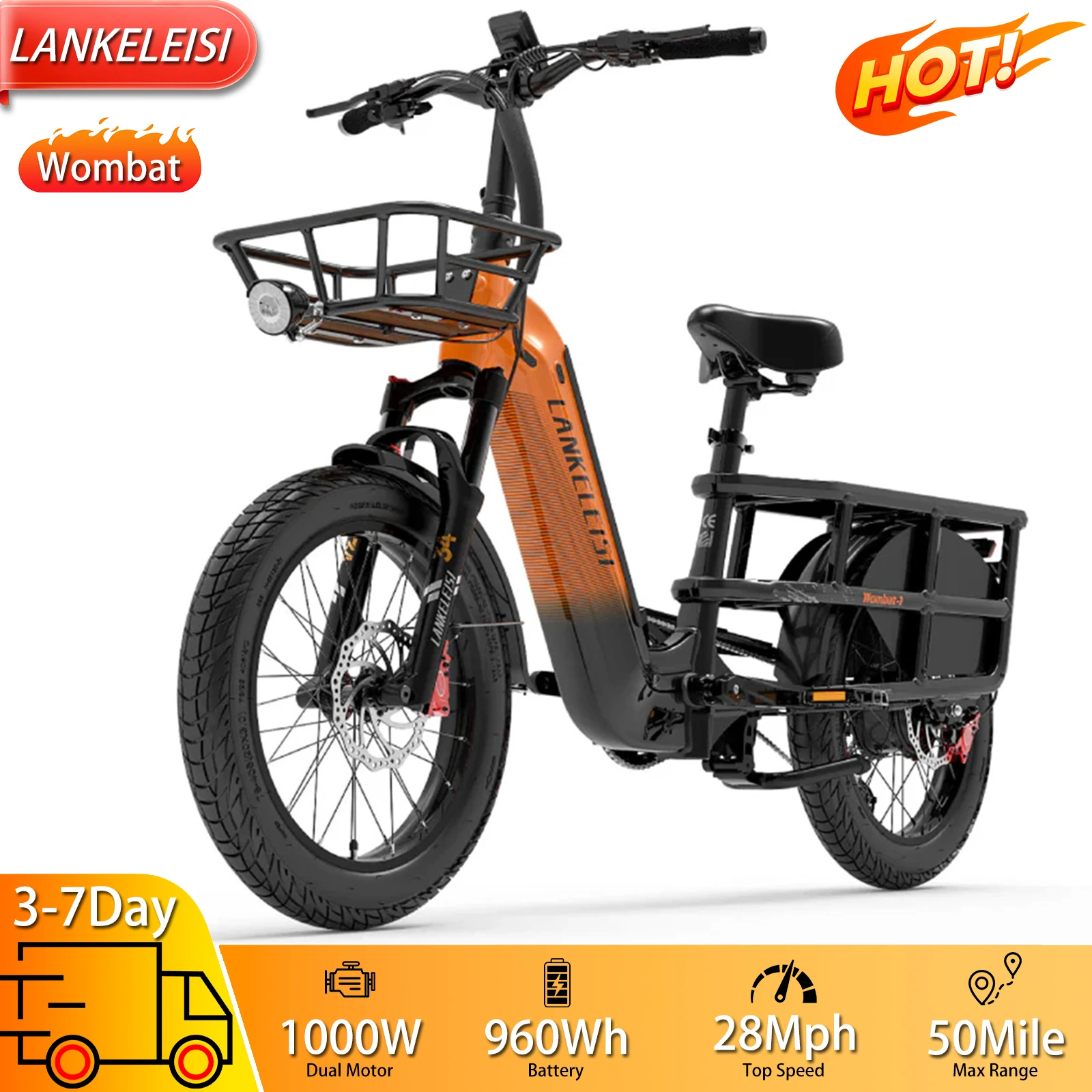 

Электрический грузовой велосипед Lankeleisi Wombat 20" Fat Tire, мотор 1000 Вт, для бездорожья, взрослый электровелосипед, 960 Вт·ч, максимальная нагрузка 440 фунтов, новый