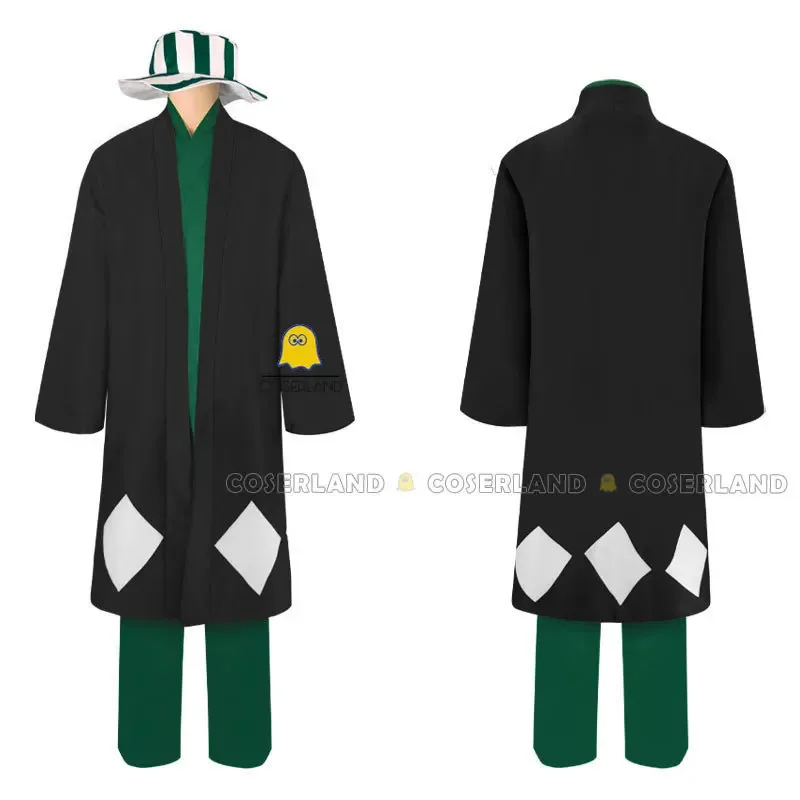 2025 yiyi Anime Bleach Urahara Kisuke Cosplay disfraz peluca negro capa verde Haori traje sombrero de cubo ventilador guerra de sangre de mil años
