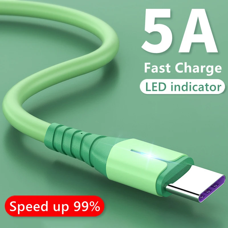 Cabo USB C 5A de silicone líquido para carregamento rápido de celular, cabo de dados para iPhone, Samsung, Xiaomi, Huawei, cabo de carregamento rápido tipo C