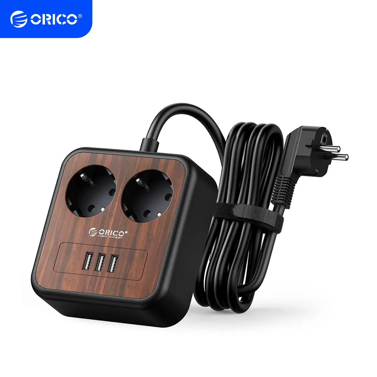 ORICO Portable Power Strip 3m Extension Cable Electrica Socket with 3 USB Ports for Home Wood Grain Double Sockets