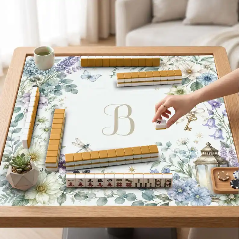 VIKAMA Tapis de mahjong à motif floral violet aquarelle, antidérapant, insonorisant, coussin doux lavable pour femmes, jeu de mahjong à domicile