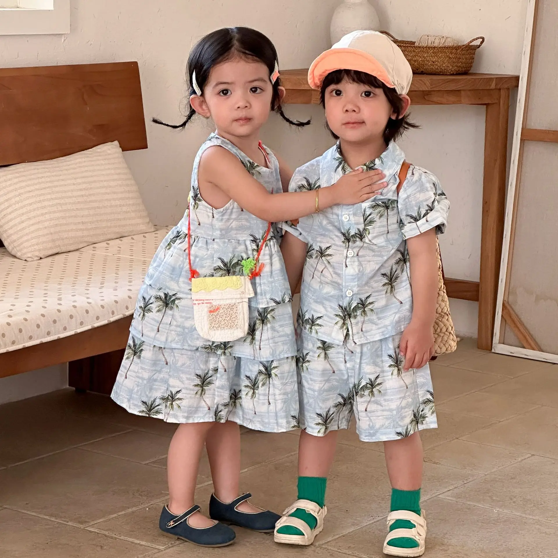 RAISE Summer Kids Brother Sister Look Set Children Beach Vacation Outfits Baby Girls Tree Backless Dress 2-10Y Boy T-shirts Suit
