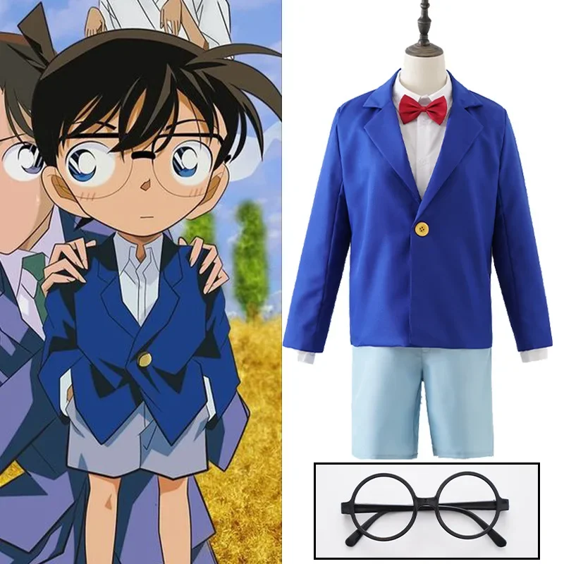 Anime Detective Conan Edogawa Cosplay disfraz de Halloween para hombres y niños, conjunto de uniforme Konan, reloj con gorra de tela