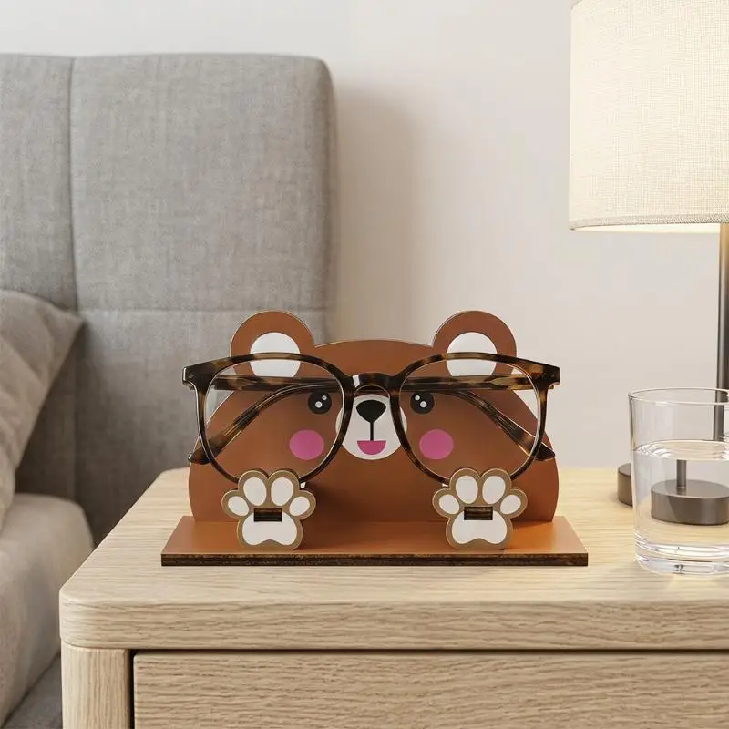 Creative Dual Use Wooden Stand Cute Cartoon Animal Pattern Eyeglasses Phone Holder for Desktop Decor