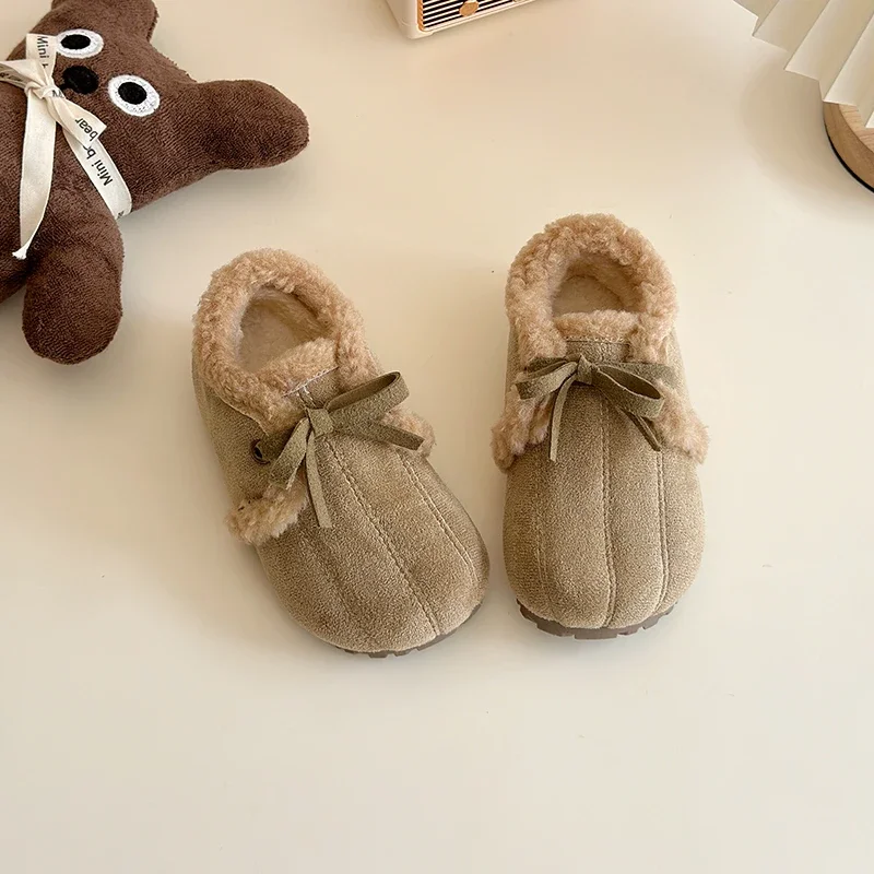 Children Leather Flats for Girls 2024 Winter New Fashion Korean Style Sweet Bowtie Soft Bottom Anti-slippery Cotton Shoes Chic