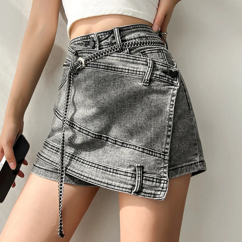 Spring Summer Women Mini Skirt Gray Irregular Splicing Design High Waist Denim Skirt Slim Fashion Elastic Short Dress