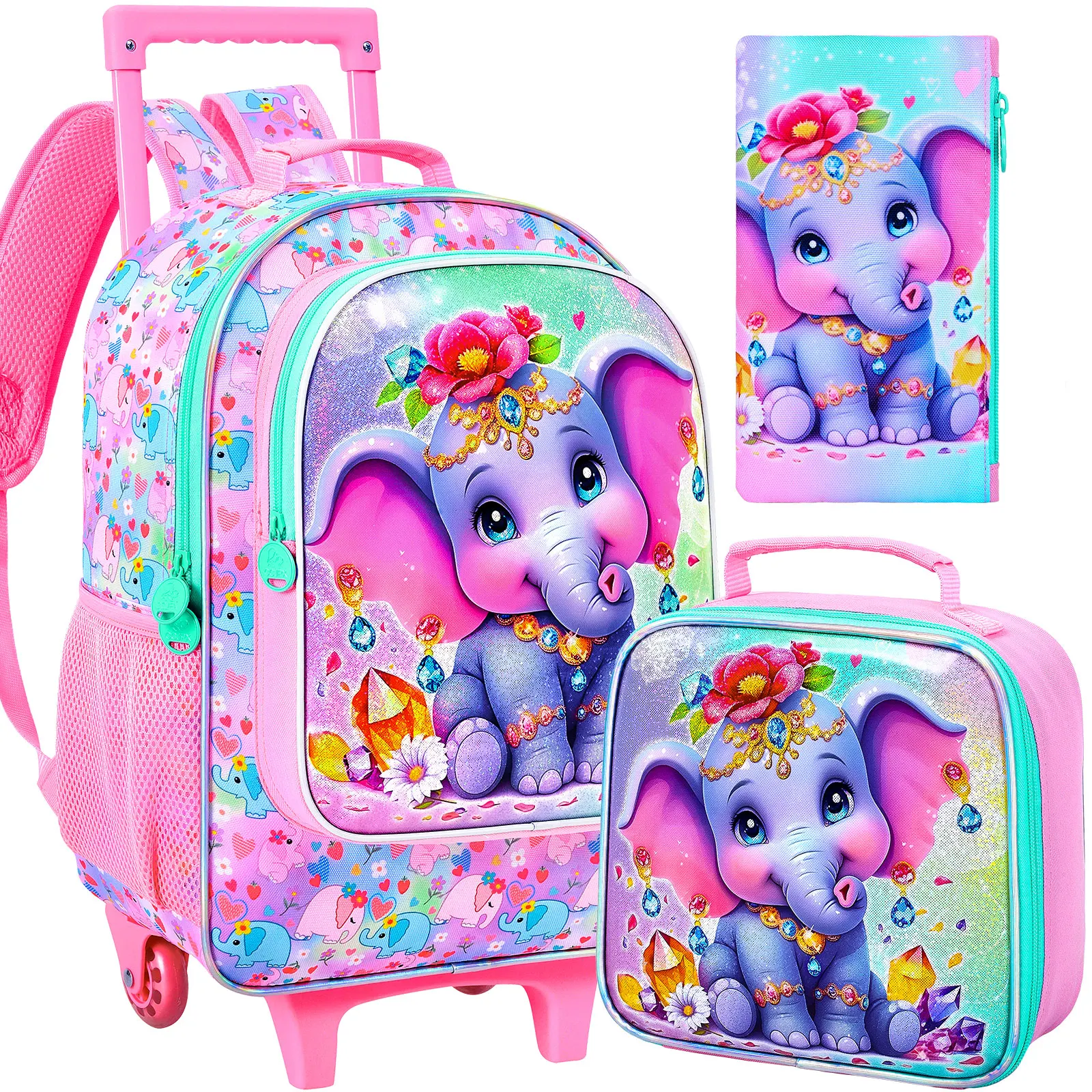 

3Pcs Rolling Backpack for Girls, Kids Roller School Backpack with Wheels, Elephant Wheeled Bookbag for Elementary Preschool Kind