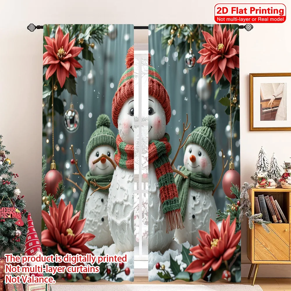 

2pcs 2D flat printing Christmas Curtain Cute Snowman Family Christmas Poinsettia Fabric Without Electricity Festive Curtains Use