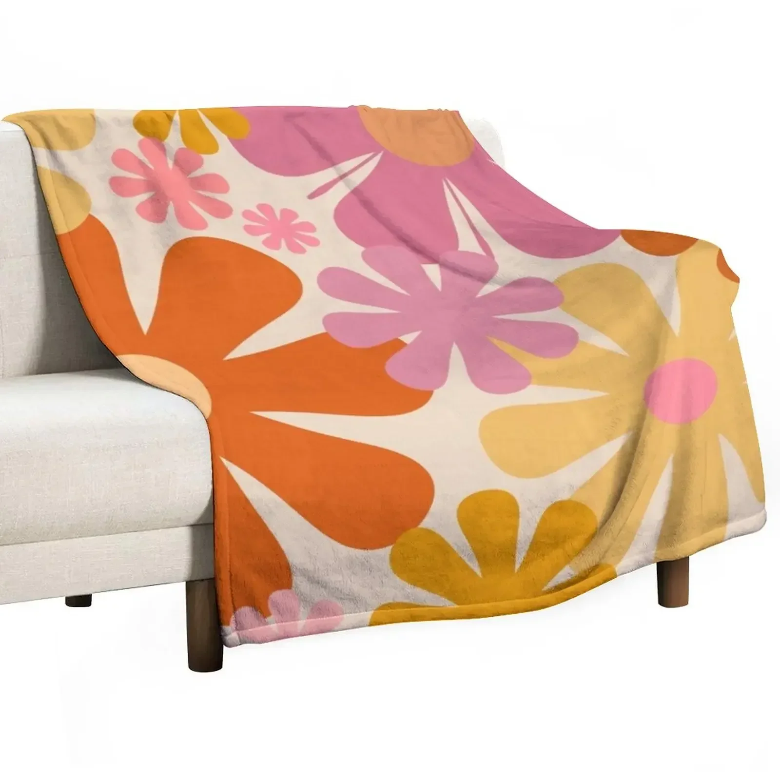 

Retro 60s 70s Flowers - Vintage Style Floral Pattern in Thulian Pink, Orange, Mustard, and Cream Throw Blanket Warm Blankets