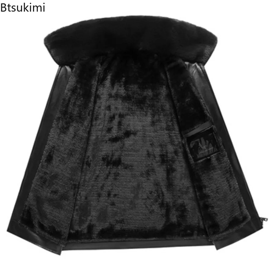 Men's Fur Collar Leather Jacket Oversize Winter Plush Thick Motorcycle PU Jacket Father Dad Outfit Black Faux Fur Collar Coats