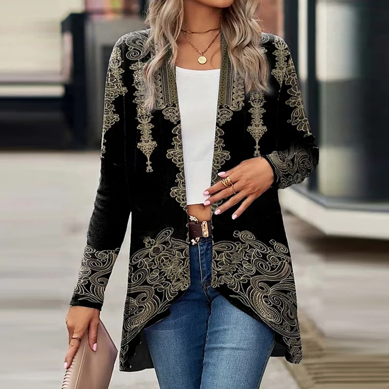 Autumn Cardigan for Women\'s Coats Fashion Women Jacket Turn Down Collar Vintage Print Jackets For Women Casual Loose Thin Tops