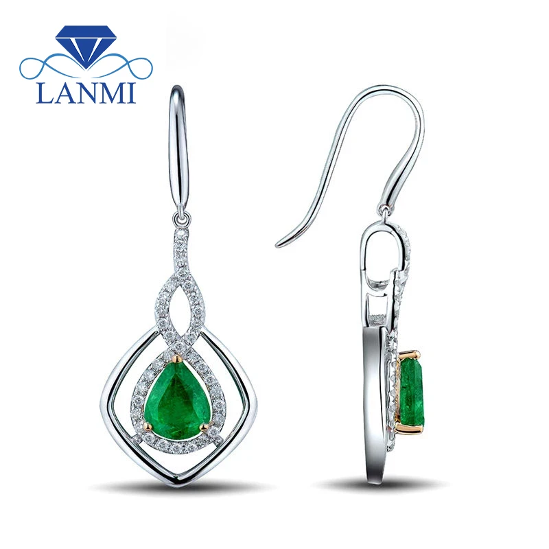 

LANMI Handmade Emerald Drop Earring Real 14K White Gold Party Wedding Earrings for Women Bridal Fine Engagement Jewelry Gifts