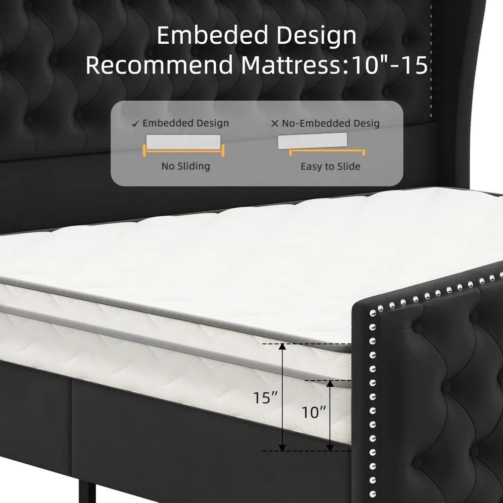إطار سرير منجد بحجم كينغ، إطار سرير بمنصة معنقدة باللون الأسود المخملي مع لوح أمامي ولوح قدم مجنح، مع زر عميق معنقدة #6