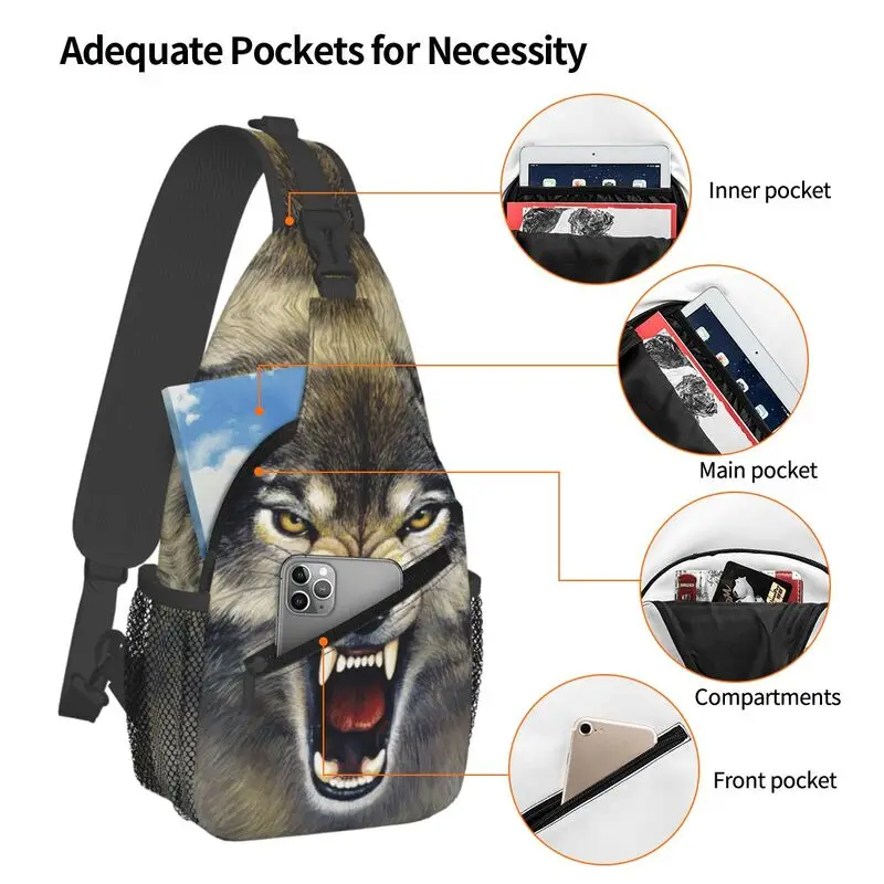 Mochila de hombro personalizada Cool Spirit Animal Wolf Sling Bag para viajes, senderismo, pecho cruzado, mochila de día para hombres