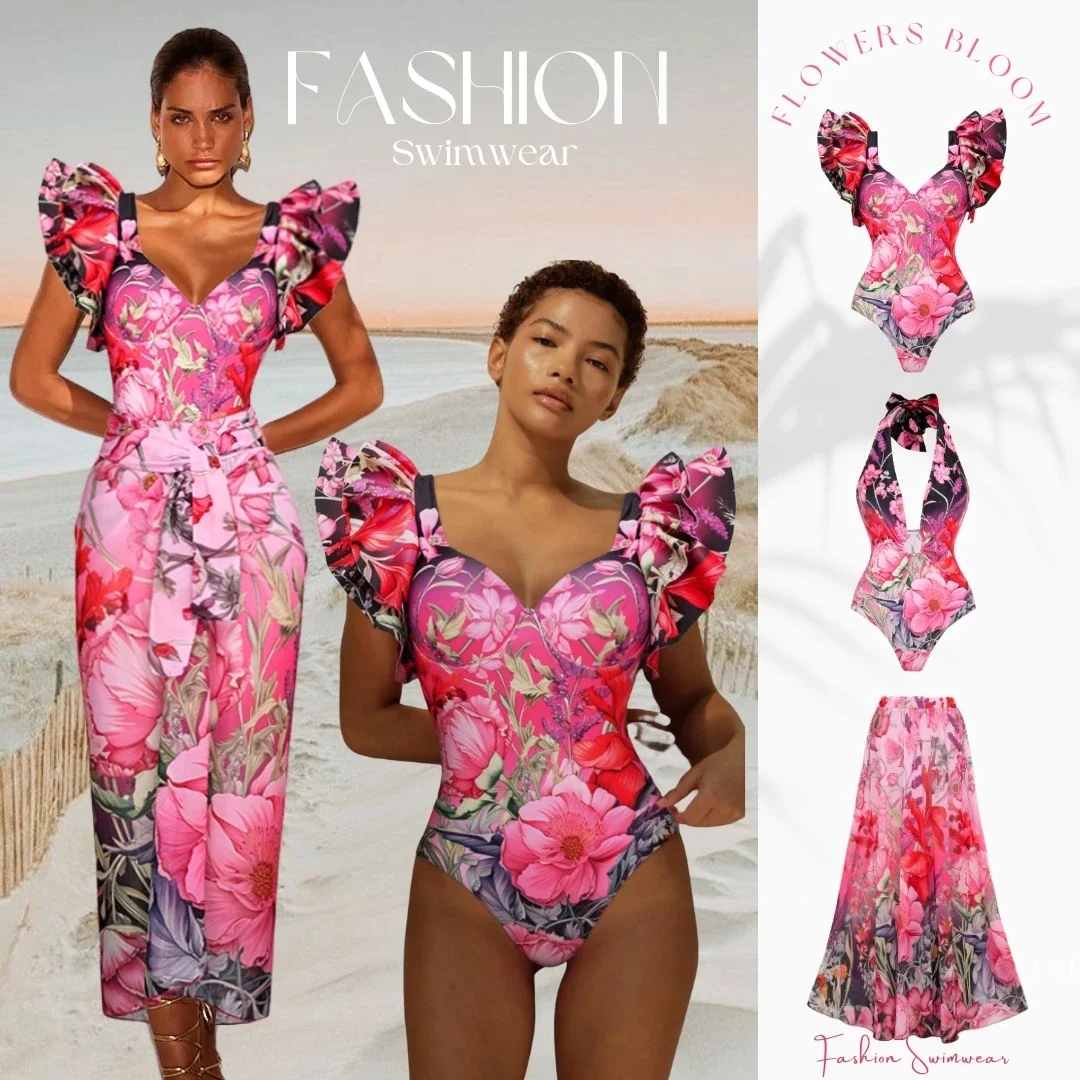 FLAXMAKER Ruffled Blooming Flowers Print One Piece Swimsuit and Sarong Swimwear Women Vacation Beachwear Clearance Wholesale