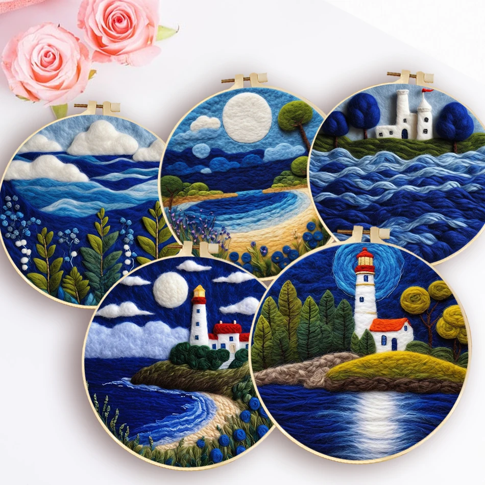 

Needle Felting Kit for Beginner Creative Felt Seaside Landscape Picture Needle Wool Set Handmade Craft Painting Diy Gift