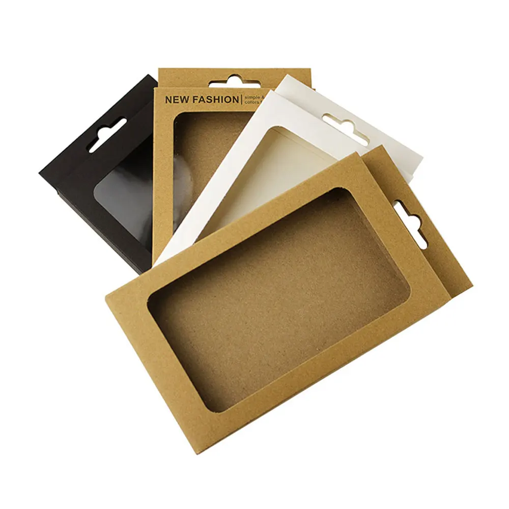 

HD 50pcs Phone Case Packaging Box Kraft Paper Phone Box Black Window Package Cardboard Boxes White Gift Box With Hang Hole