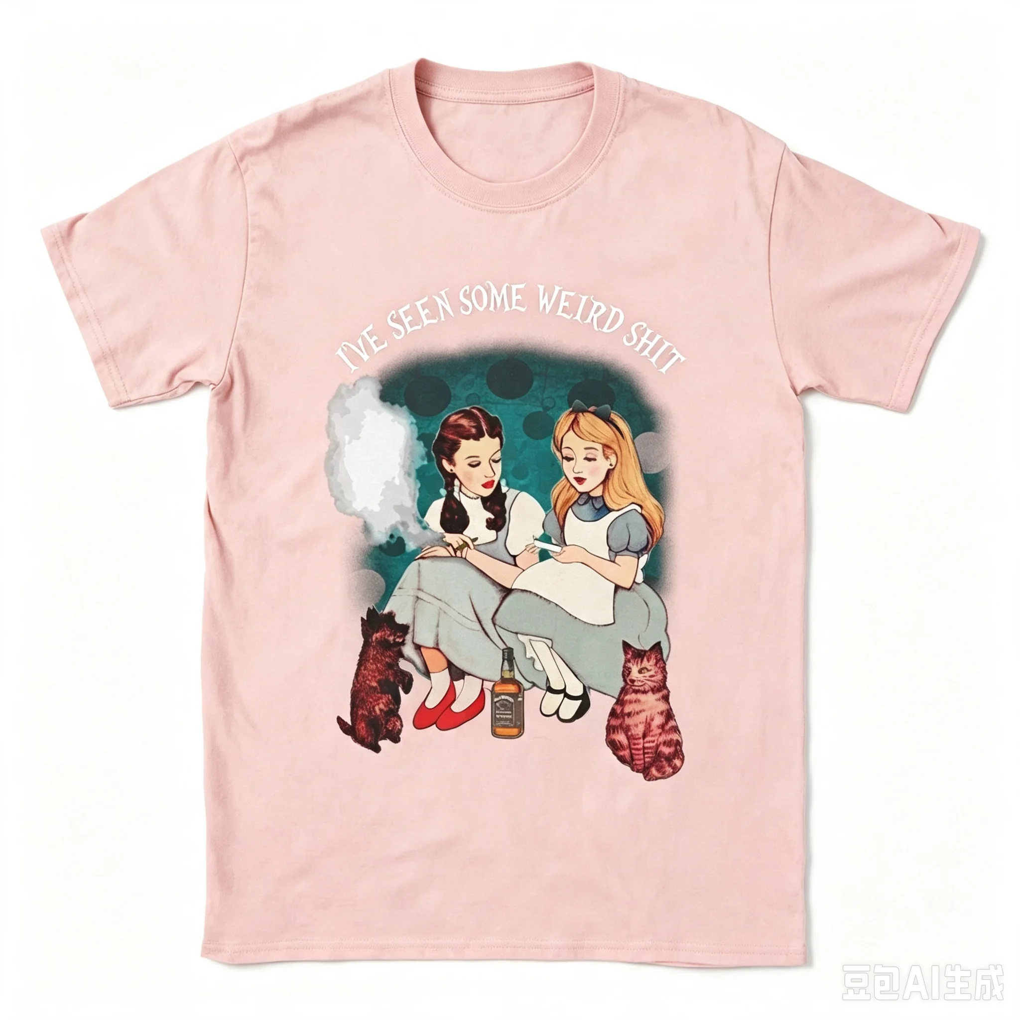 Vintage Fantasy Handdrawn Illustration Print T‑Shirt Loose Fit Retro Creative Cartoon Casual Streetwear Cotton Short Sleeve Tops