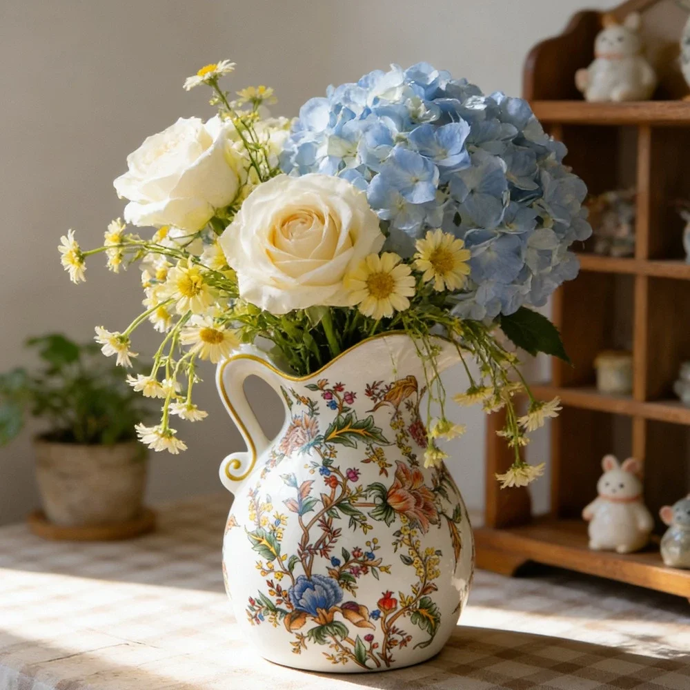 Ceramic Vase Retro Pattern Flowerpot Kettle Flower Vase Flower Pot Ceramic Handicrafts Floral Arrangement Home Decoration