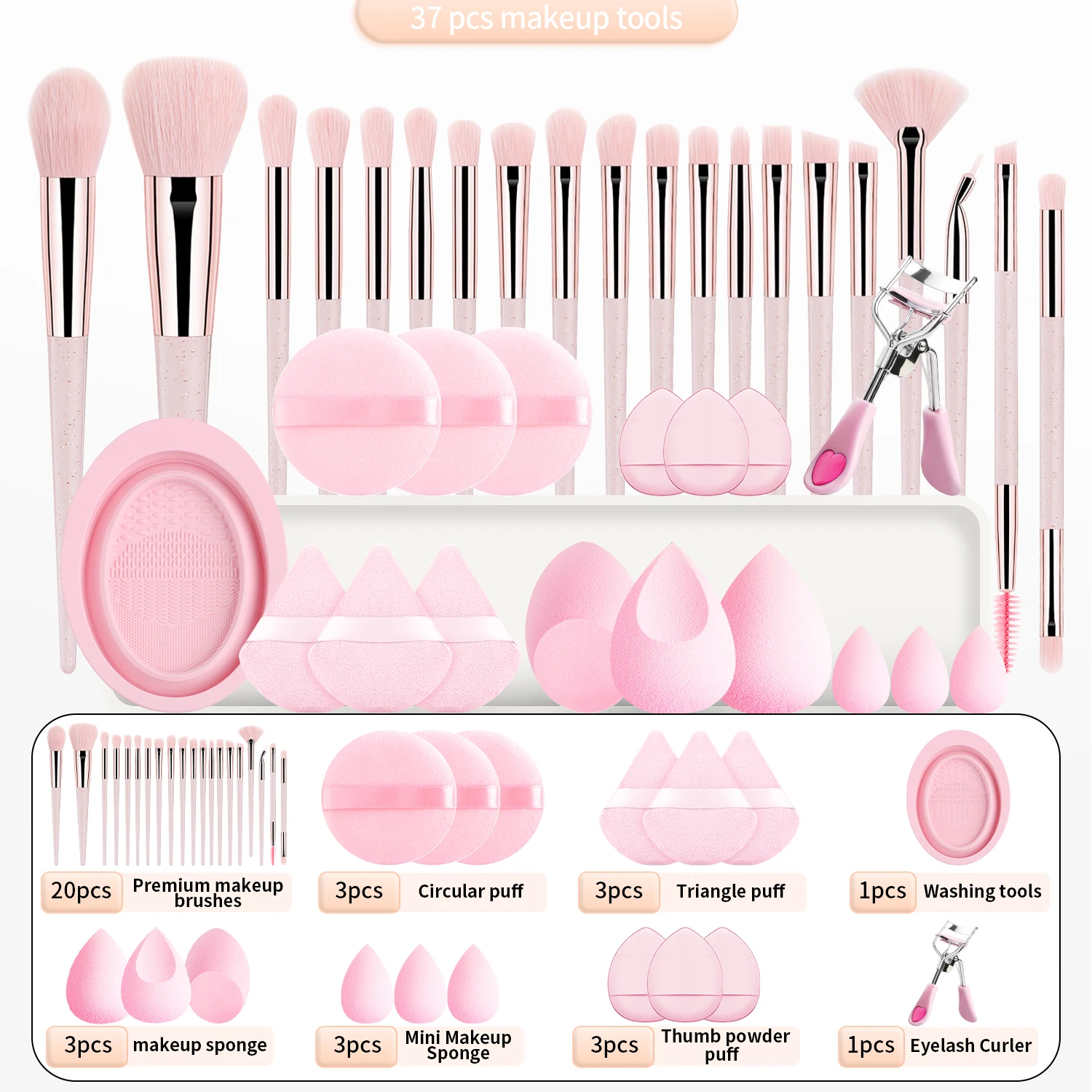 37PCS Makeup Tools Set, 20 Brushes + Sponges Puffs, Eyelash Curler, Cleaning Tool for Full Face