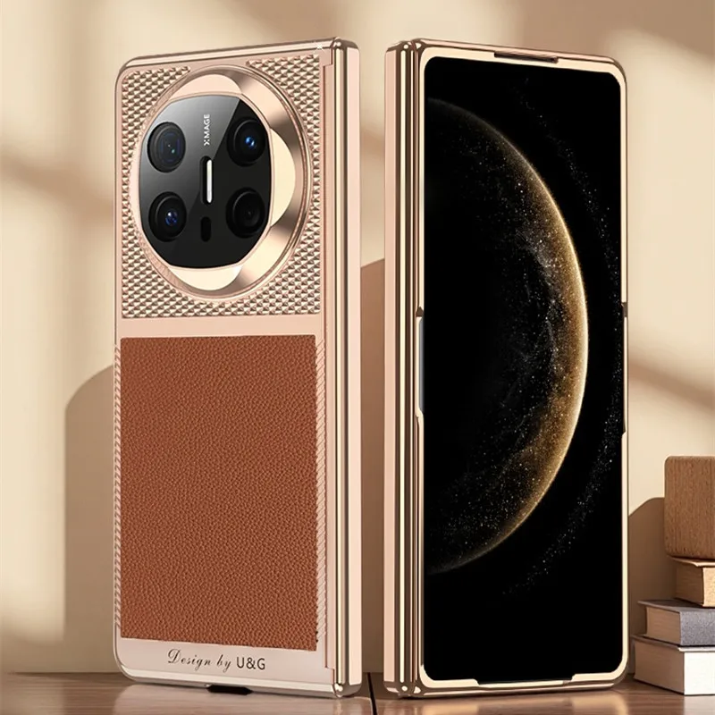 

Genuine Cow Leather Bling Glossy Plastic Case For Huawei Mate X6 X5 X3 Litchi Pattern Magnetic Flip Hinge Cover Glass Protector
