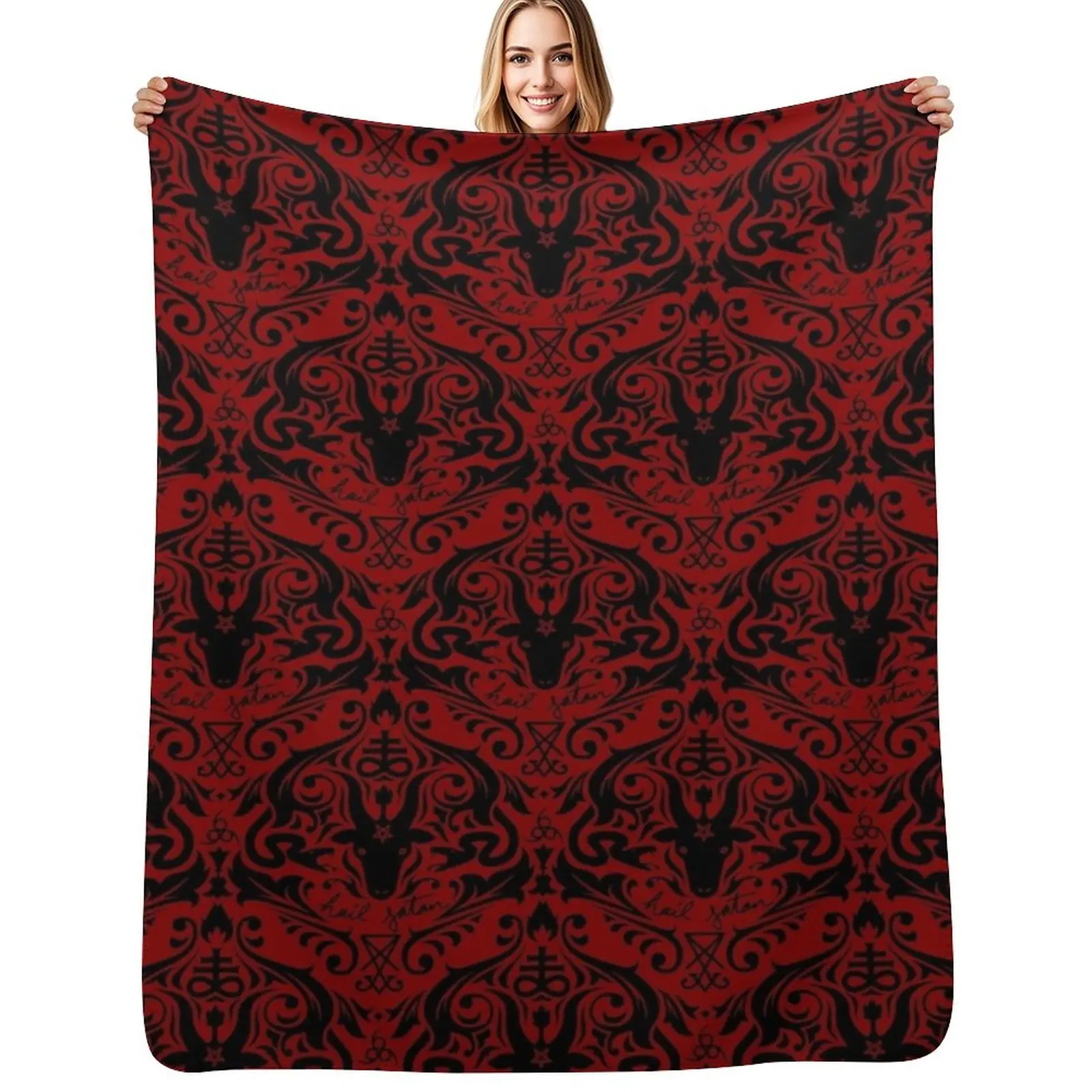 

Damask - Hail Satan (Black & Red default) Throw Blanket Portable Lightweight Blanket for Travel Camping