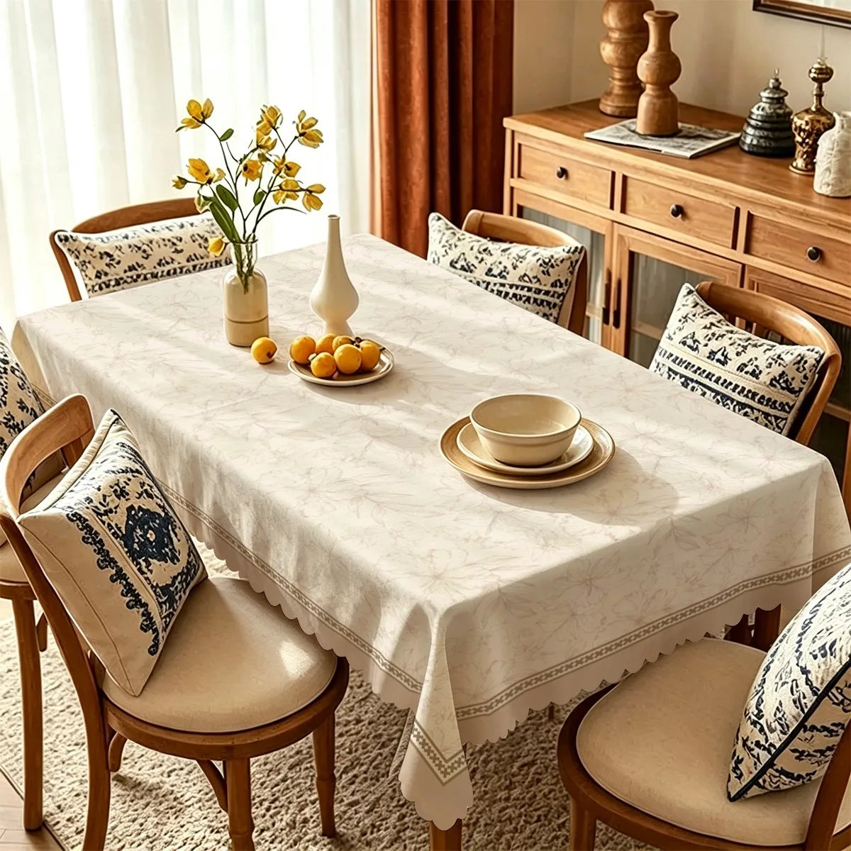 A tablecloth with a pattern featuring light gray fine lines and dark patterns of flower-like designs on a light beige background