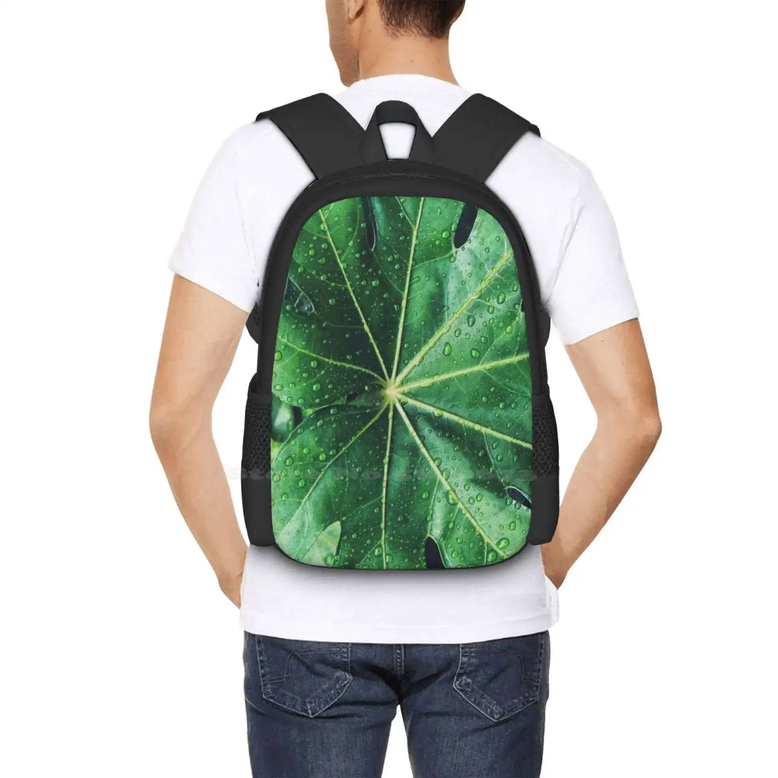 Rainy Day Leaf Pattern Design Bag Student'S Backpack Plant Nature Leaf Green Rain Water Droplets Tropical