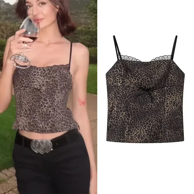 

New Leopard Print Crop Top Women Backless Sleeveless Lace Top Female Bow Vintage Sexy Short Tops Woman 2025 Summer Corset Tops