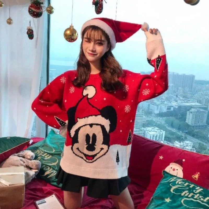 Mickey Red Christmas Sweater Women Loose Retro Spring Autumn Women Clothes Korean Fashion Y2k Tops Pullover for Girls 2025 New