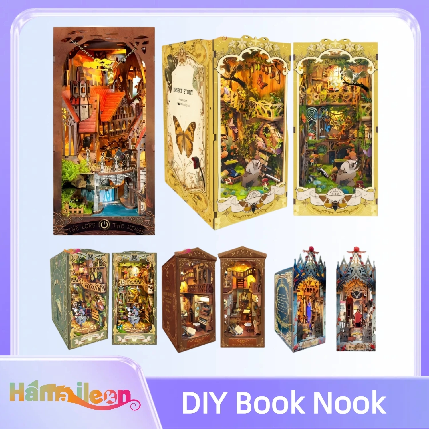 Hamaileon Kit de coin de livre bricolage, décor d'insertion d'étagère de maison de poupée, puzzle en bois 3D, serre-livres en bois, construction de modèles pour adultes et adolescents