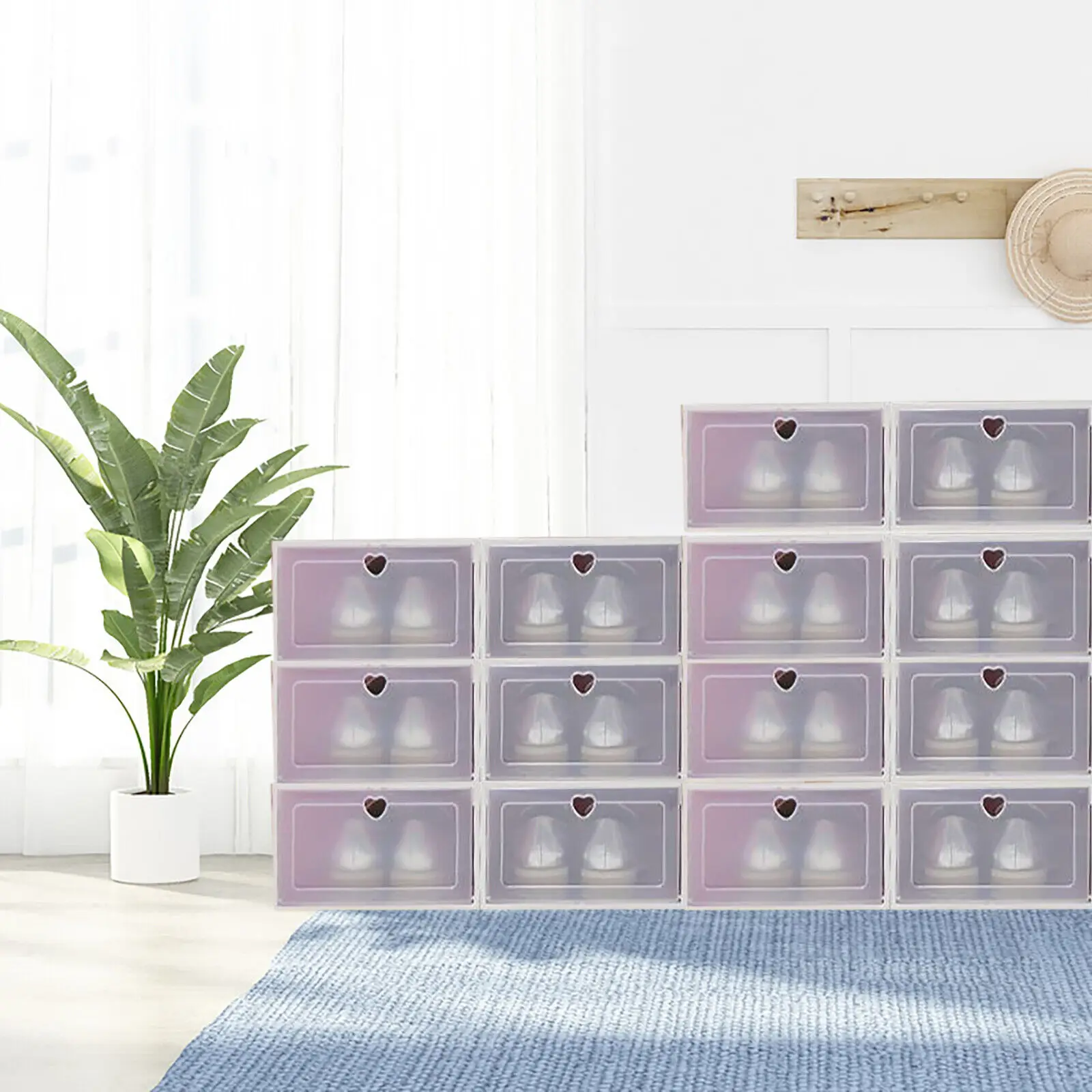 20PCS Pink Shoe Box Storage Organizer Plastic Cabinet High Transparent Sneakers Dustproof Decorative Box Stackable Space-saving