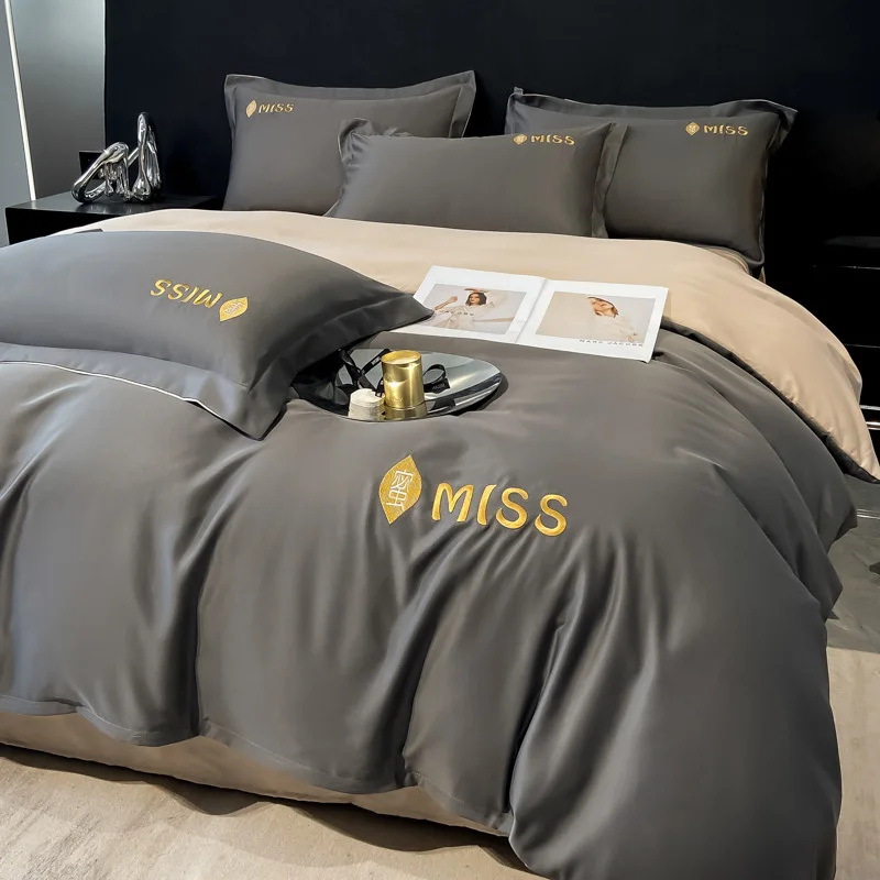 Three piece silk bedding set, light luxury style, ice silk bedding set, four piece spring and summer silky smooth, light luxury