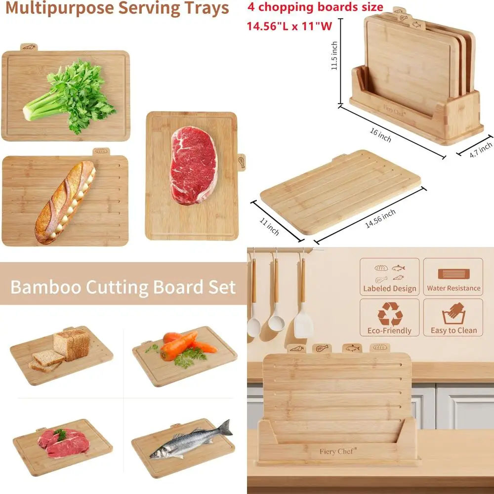 

Set of 4 Bamboo Cutting Boards with Holder - 14.56L x 11W, Food Icons, Juice Groove for Meat, Fish, Bread, Veggie, Fruit Choppin