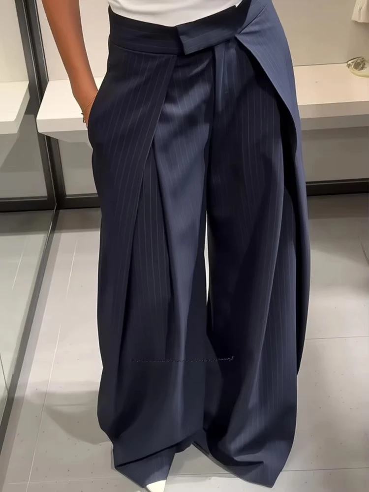 HH Women Autumn Fashion Vintage Wide-leg Long Pants Female High Waist Striped Pleated Pocket Design Loose Casual Trousers