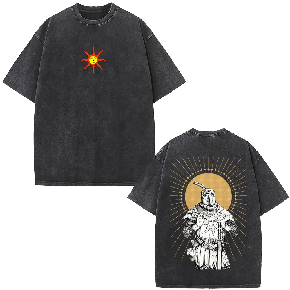 Washed Vintage Game Dark Souls Solaire of Astora Double Sided Print T-shirt Men Women 90s Gothic Rock Casual Oversized T Shirts