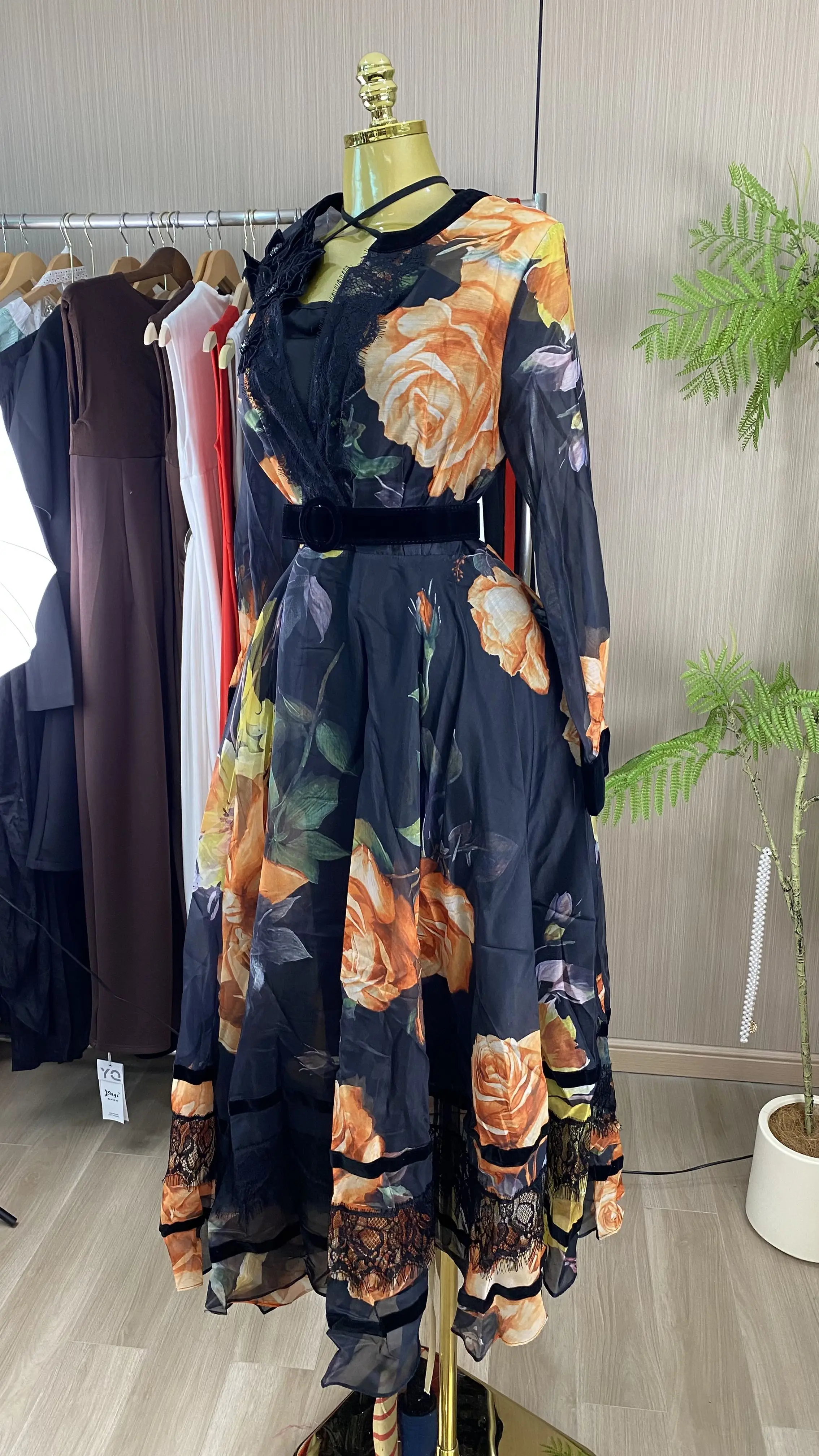 Summer 2026 New Arrival: Elegant, Breathable A-Line Dress with Long Sleeves, V-Neck, and High Waist-GZXX964
