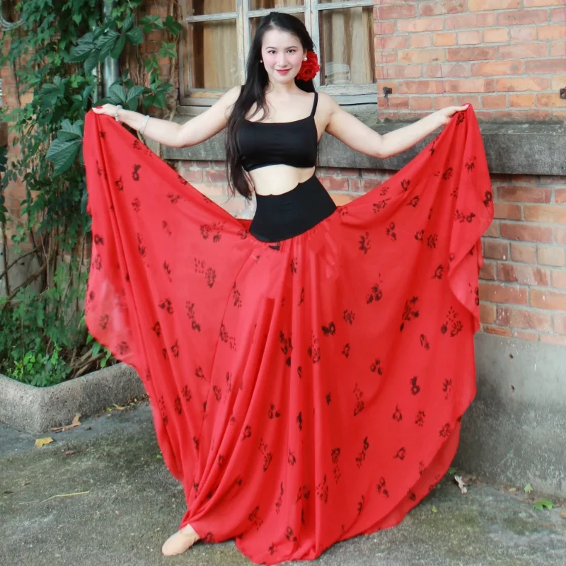 

2025 Belly Dance Costume Women Black Vest+Long Sleeve Coat+Senior Printed Big Swing Skirt 3pcs Adult Oriental Dance Clothing