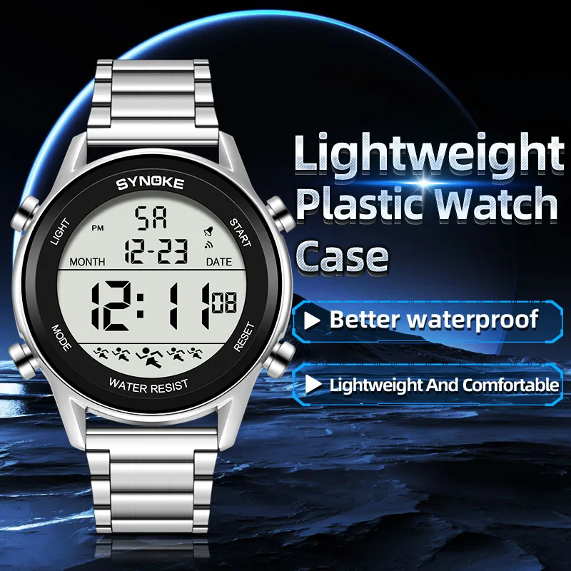 SYNOKE Top Luxury Stainless Steel Strap Sport Watches Mens Waterproof Back Light Digital Wristwatch Male Alarm