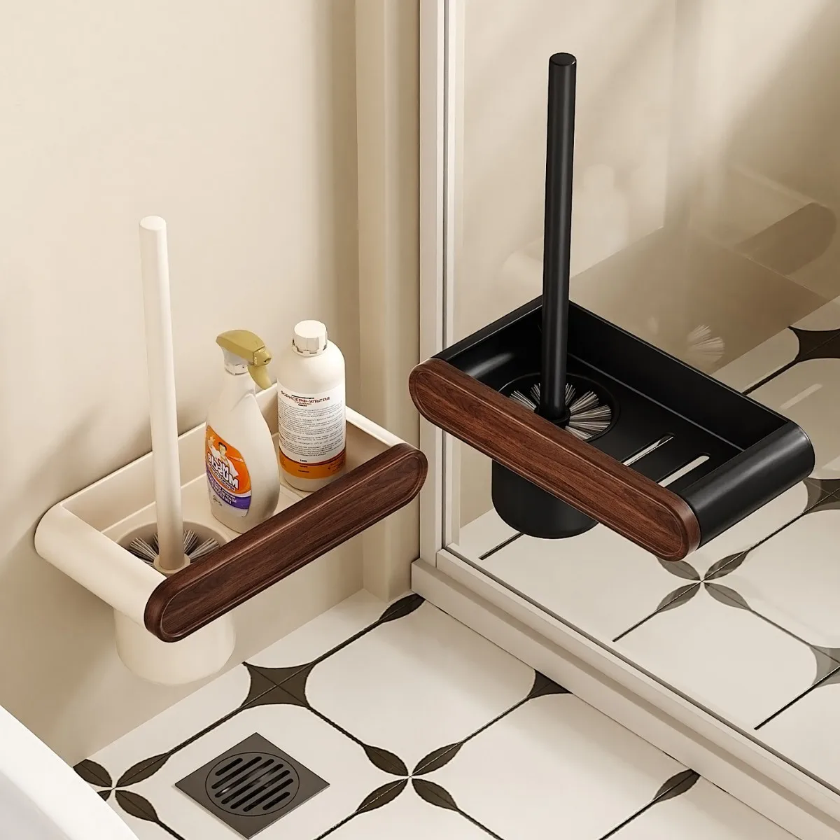 Walnut Toilet Brush for Home Use—No-Dead-Angle, No-Drilling, Wall-Mounted Toilet Storage Rack for Bathroom Cleaning