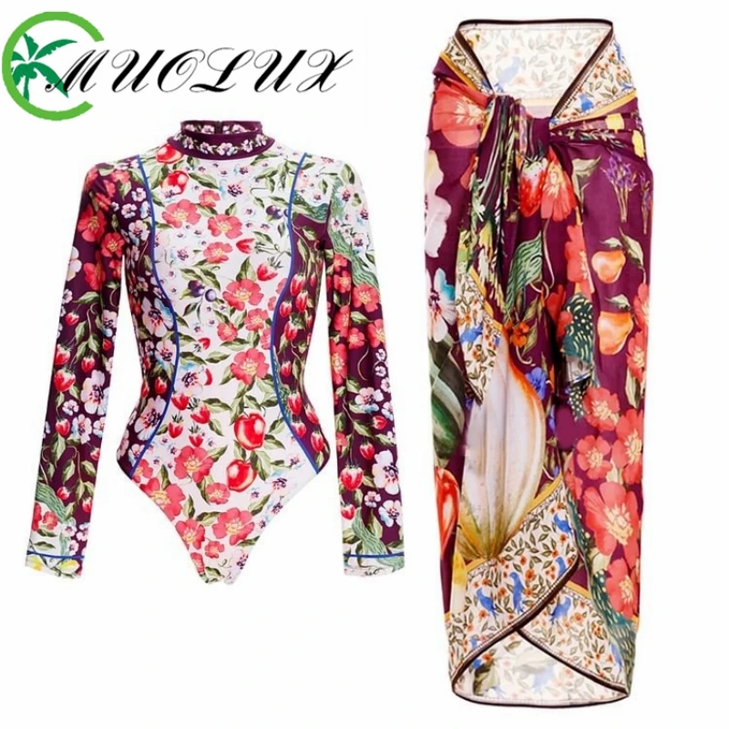 MUOLUX 2024New Bikini Swimwear Women's Swimming Suit One Piece Fragmented Flower Sports Surfing Suit Printed Skirt Two Piece Set image 6