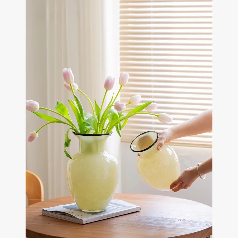 Cream Yellow Glazed Vase Decorative Item Light Luxury Water-grown Flower Arrangement Decoration on The Living Room Table