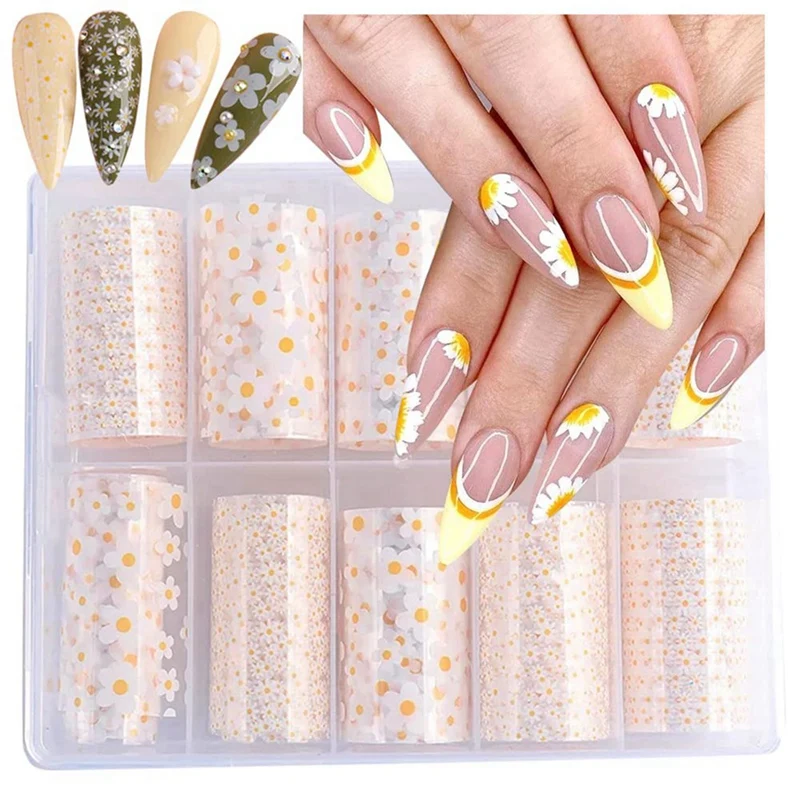 Rouleaux d'autocollants pour ongles à fleurs blanches, décalcomanies pour nail art, thème floral, transfert de feuille, printemps, été, 10 pièces