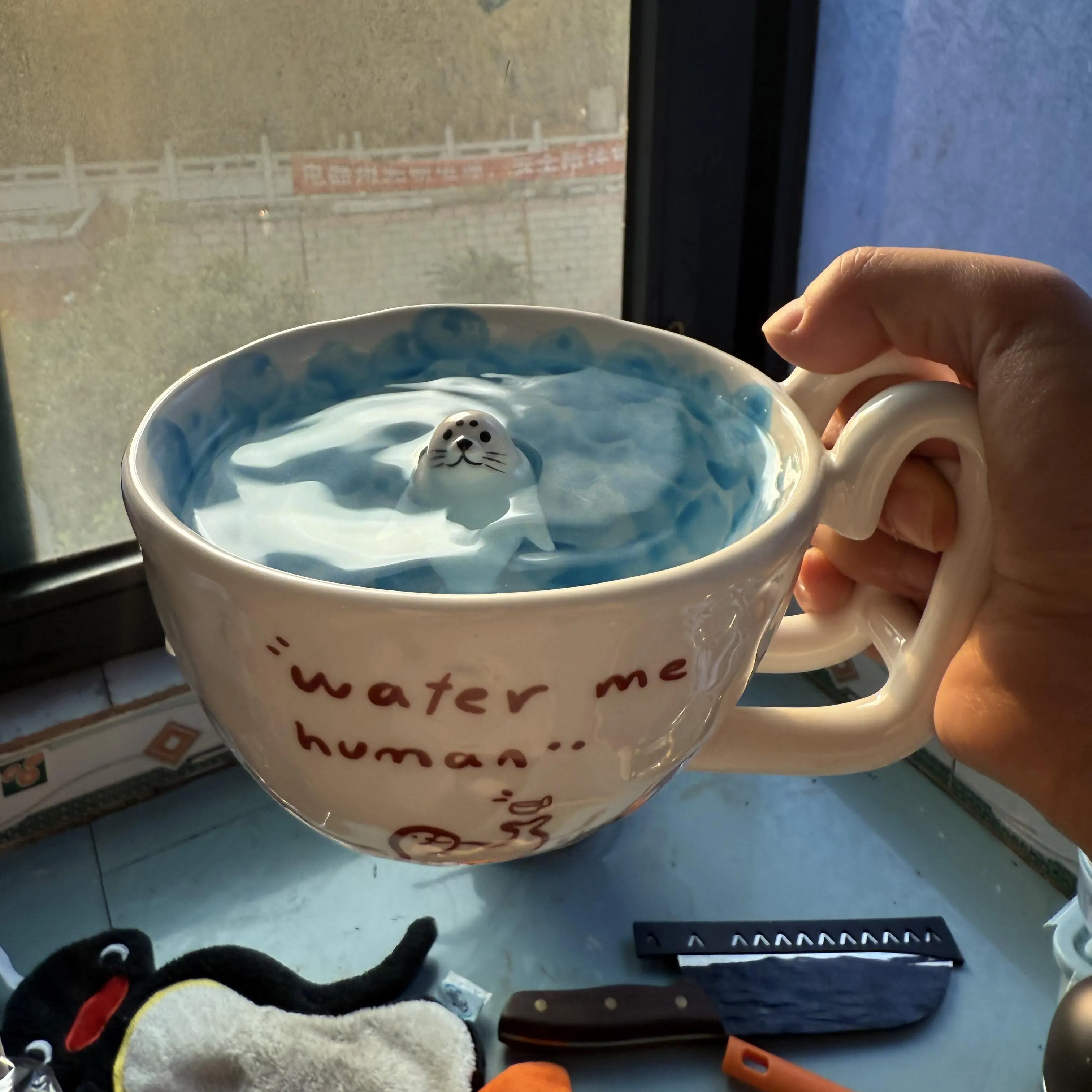Mug en céramique fait main motif phoque de dessin animé mignon, tasse à café créative, tasse à lait unique, cadeau d'anniversaire pour meilleur ami