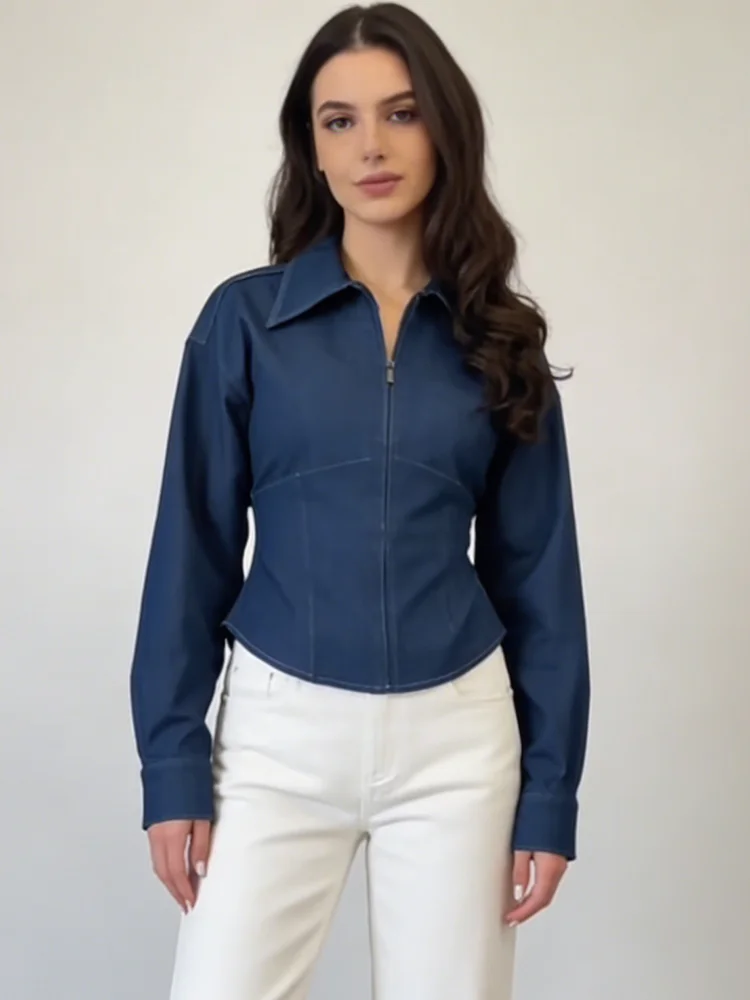 

LIMO Women's Vintage Blue Denim Zip Blouse, Waist Cinched Long Sleeve Shirt Casual Slim Fit Collared Top for Spring Autumn