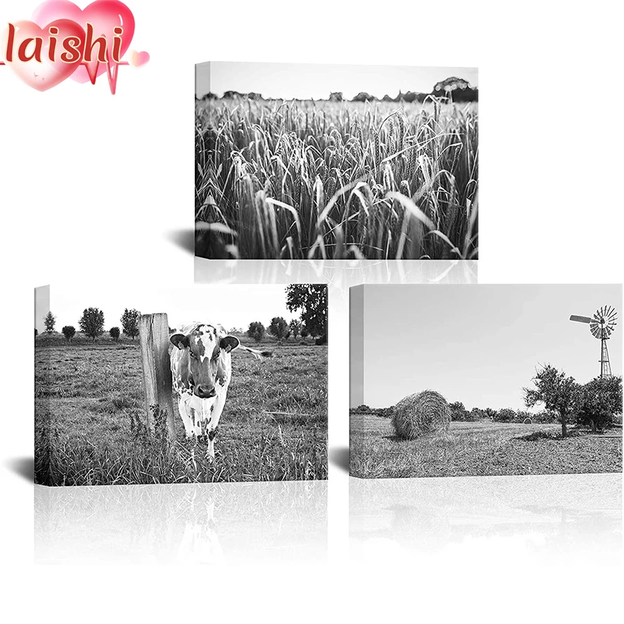 3pcs Diamond Mosaic Black and white animal art landscape, pastures, cows Full Drill Round Diamond Embroidery Home Decor Art