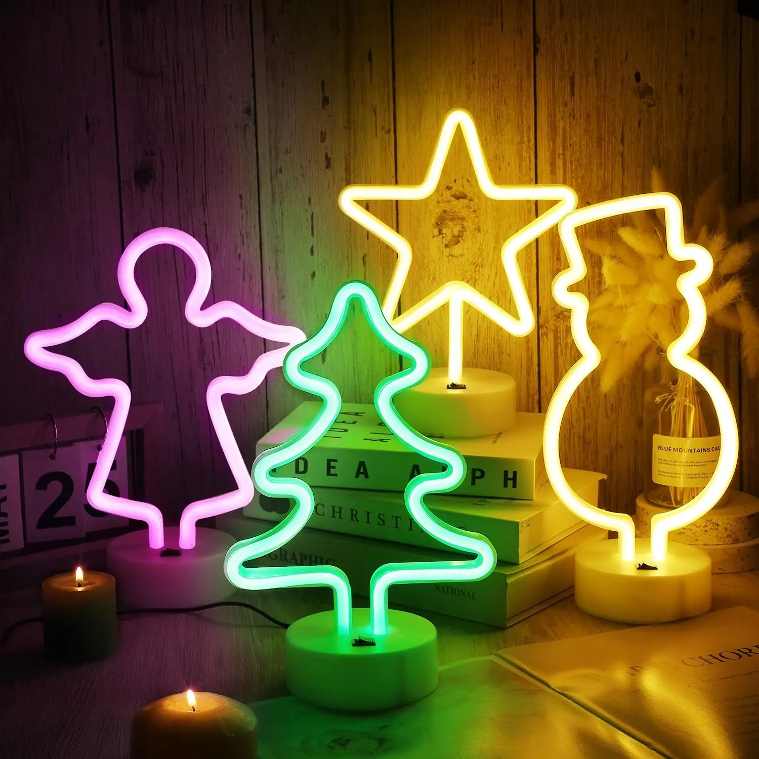 Christmas Table Neon Sign Set Angel Snowman Star Xmas Tree LED Desktop Neon Lamp, Battery USB Operated Home Tabletop Decor