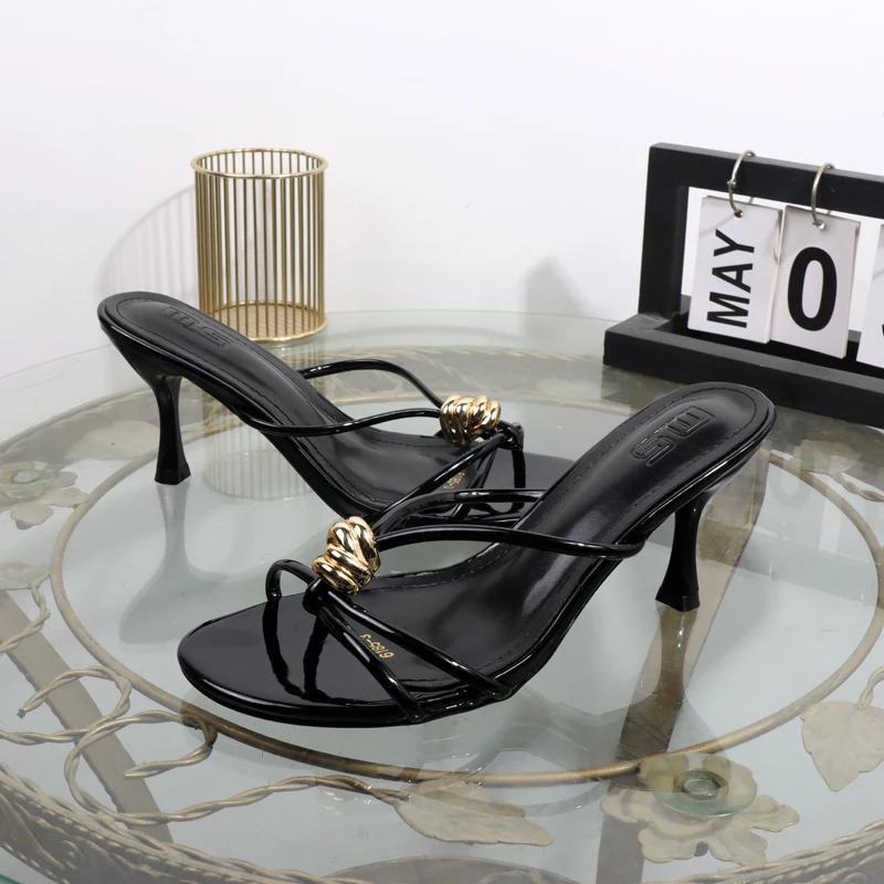 

high heeled sandals 2025 Summer metal decorative round toe open toe women's shoes Joker plus size slippers stiletto heels