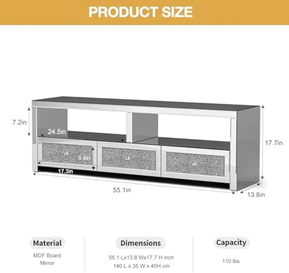 Mirrored TV Stand for 65+ inch TV Console Table with 3 Crushed Diamond Drawers and Shelves Silver Entertainment Center