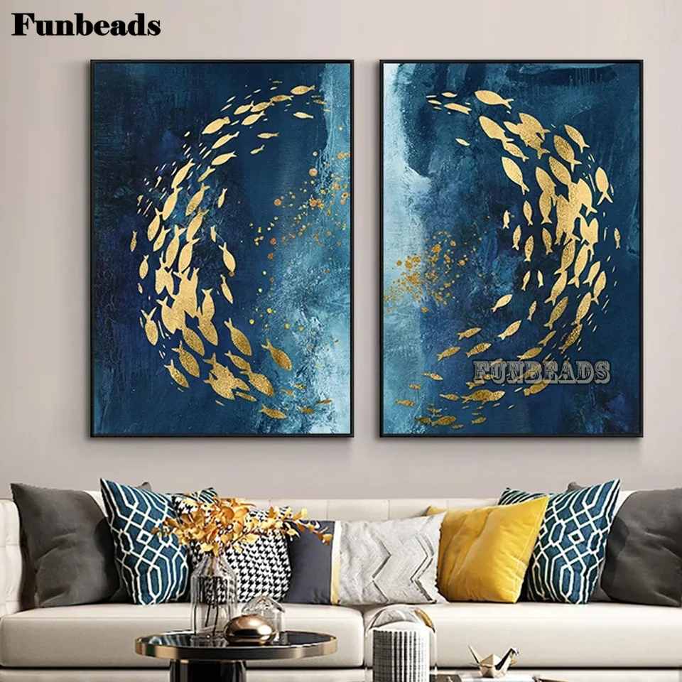 5D DIY Diamond Painting cross stitch blue deep-sea gold leaf fish diamond painting Mosaic Landscape room decor wall art FF7348